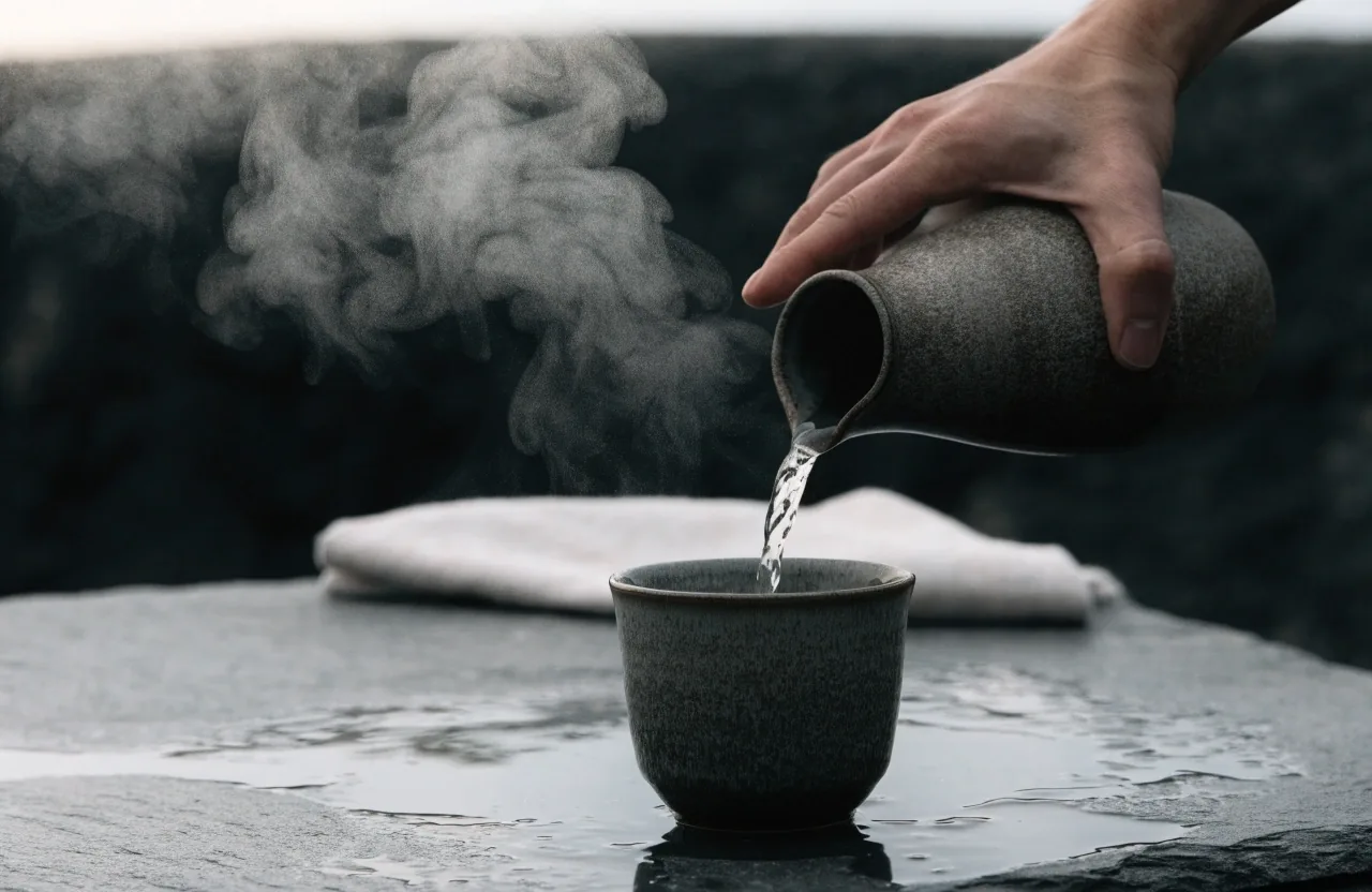 A hand pouring thermal water into a stoneware cup on a wet slate ledge
