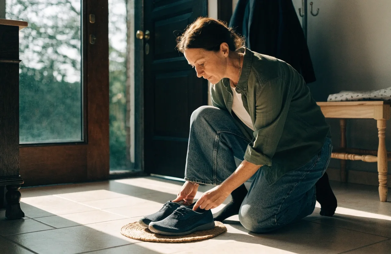 A pair of running shoes beside a doorway threshold seen from above