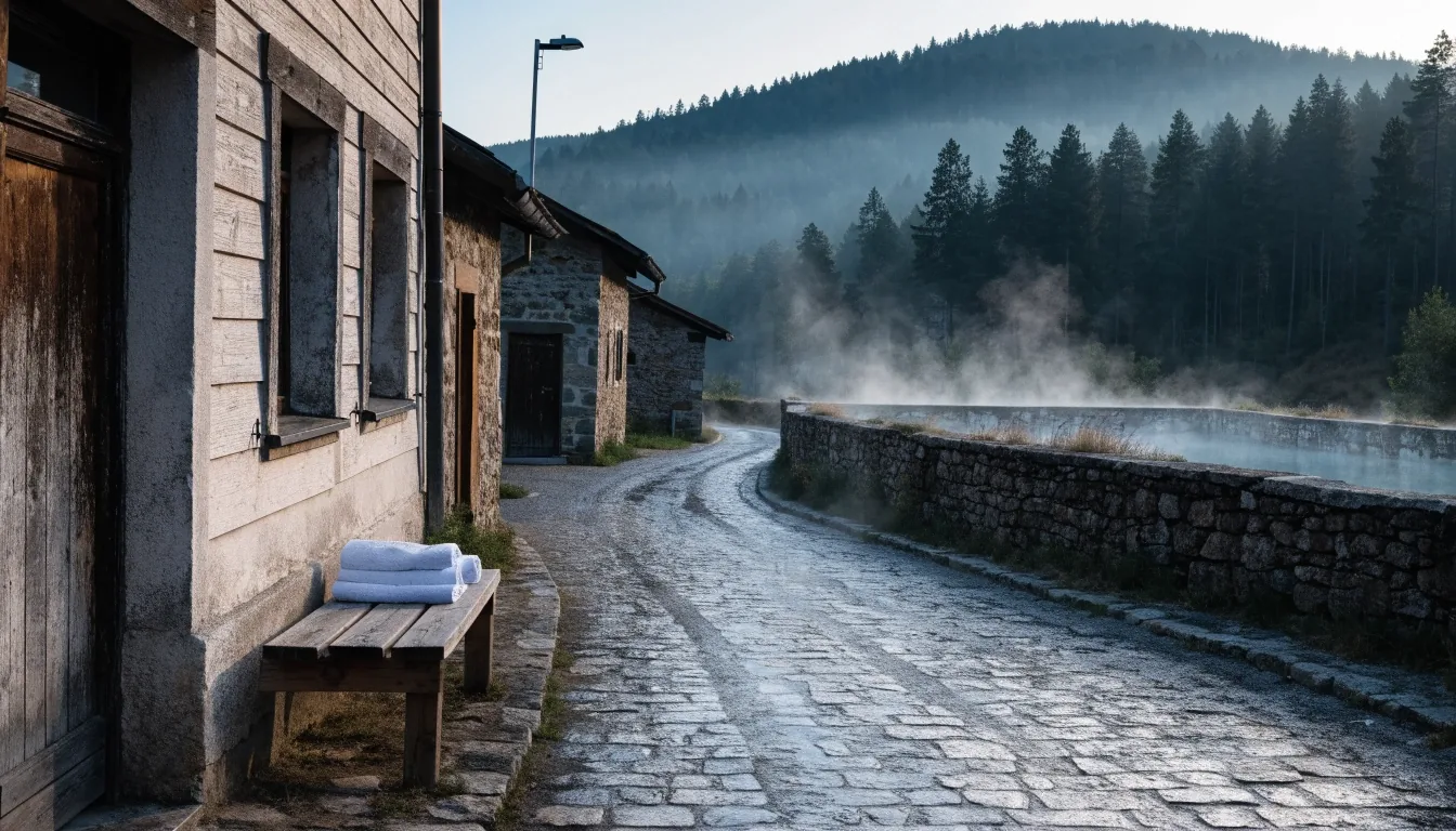 A ridge road in Slovenia at dawn with a lone cyclist small in the distance under an overcast sky