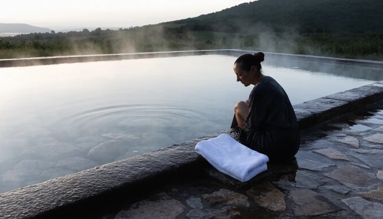 A Slovenian thermal basin at eight in the morning, steam rising over still water under an overcast sky.