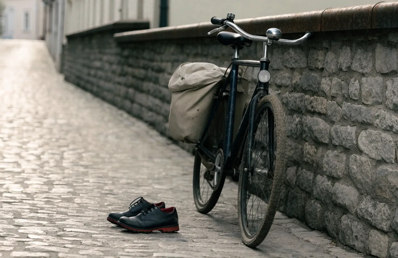 A city bicycle with a pannier parked against a stone wall on a quiet Slovenian street