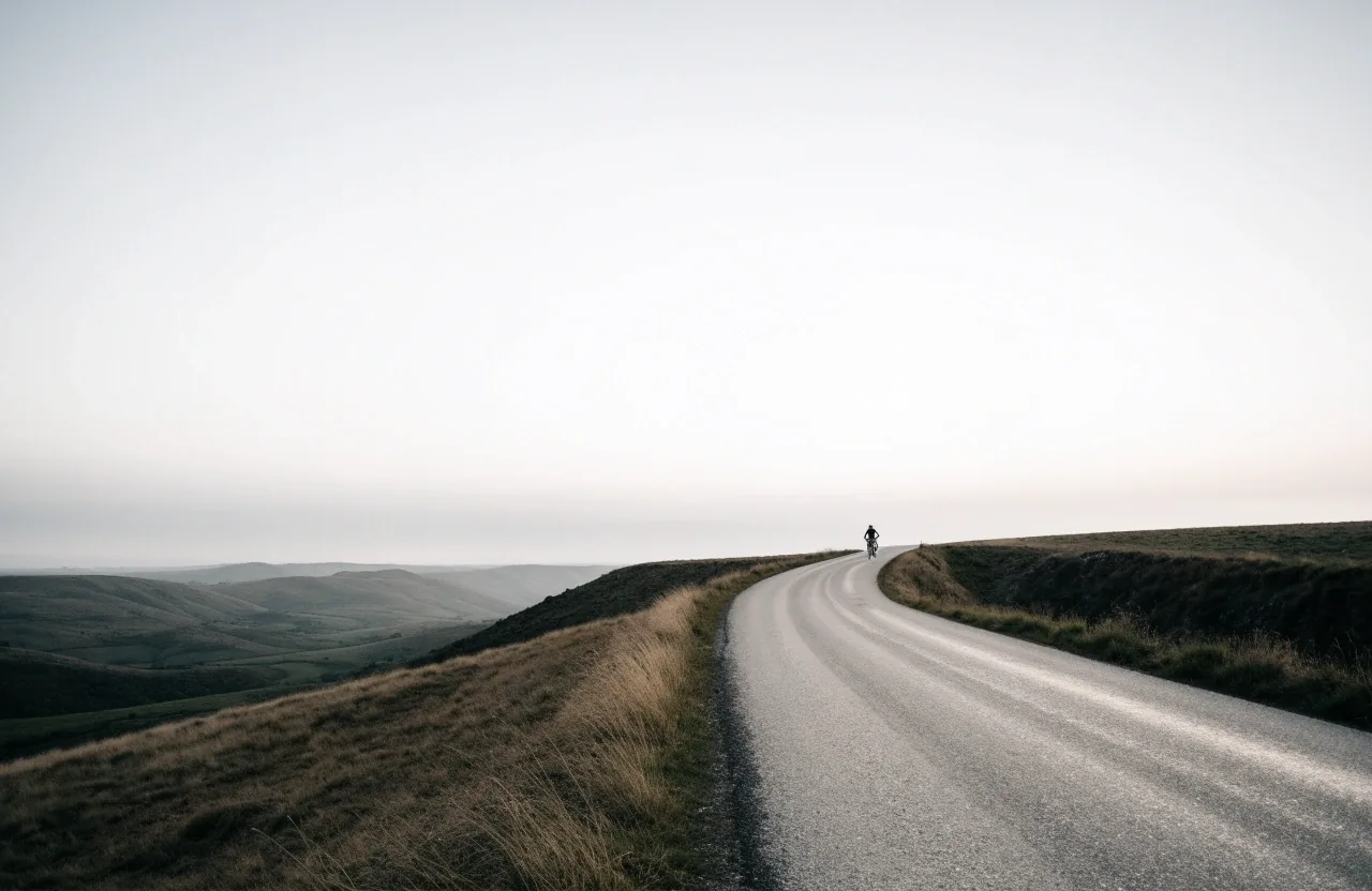 A ridge road at dawn in Slovenia with a cyclist small in the distance