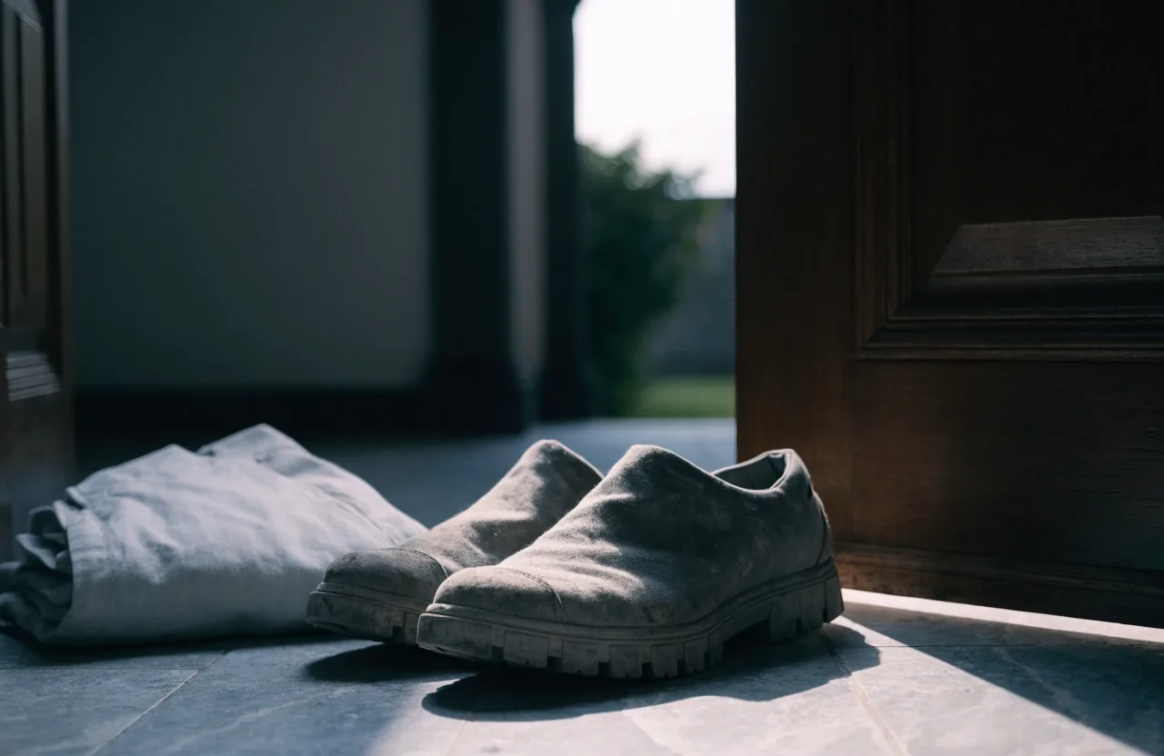 Walking shoes and a light jacket set down inside a doorway in morning light