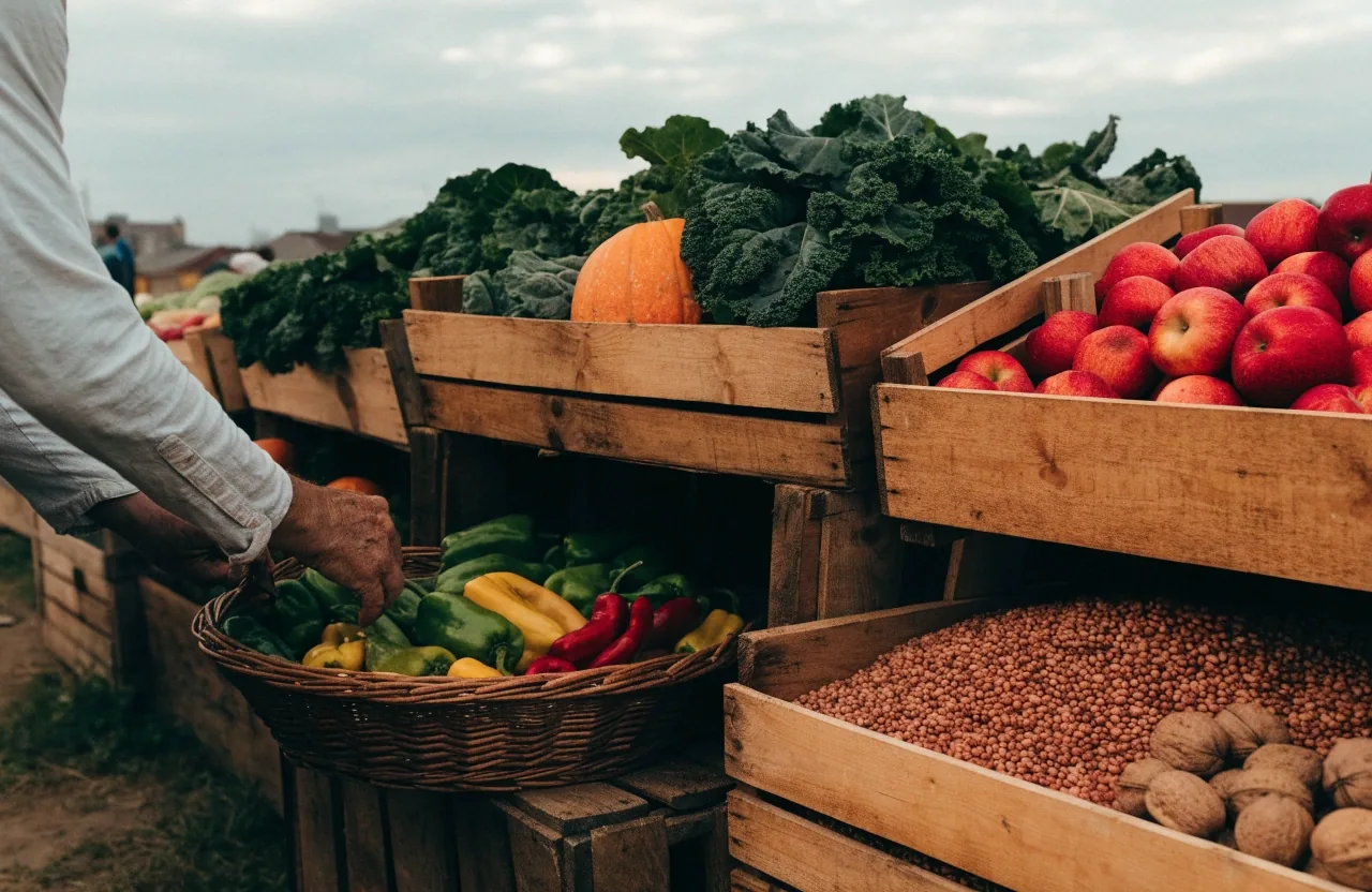 A Slovenian market stall on an overcast morning with crates of greens, pumpkin, apples and beans