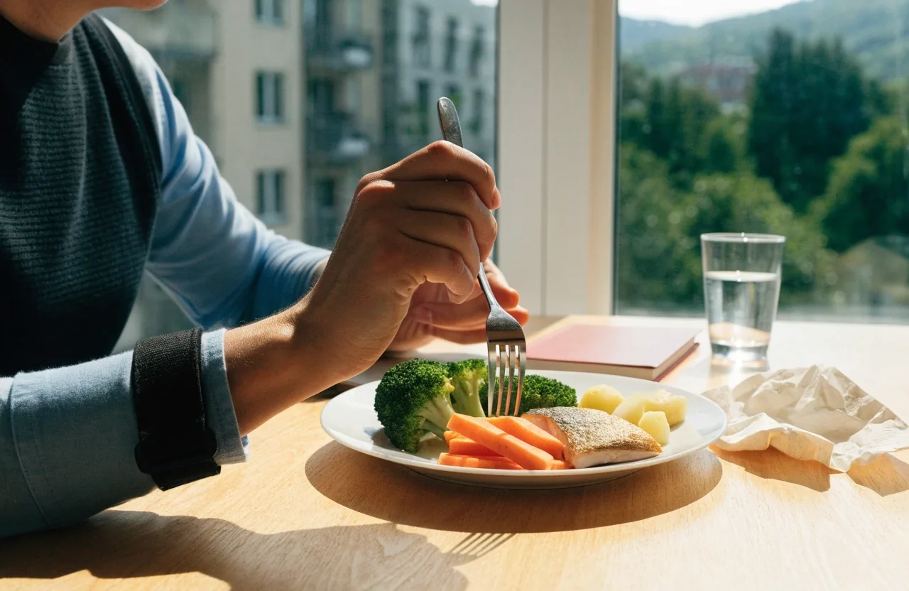 A lunch plate seen from above with vegetables filling half, grilled fish and boiled potatoes