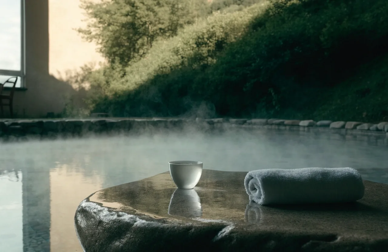 A glass of water and a folded grey towel on a plain slate ledge in cool light