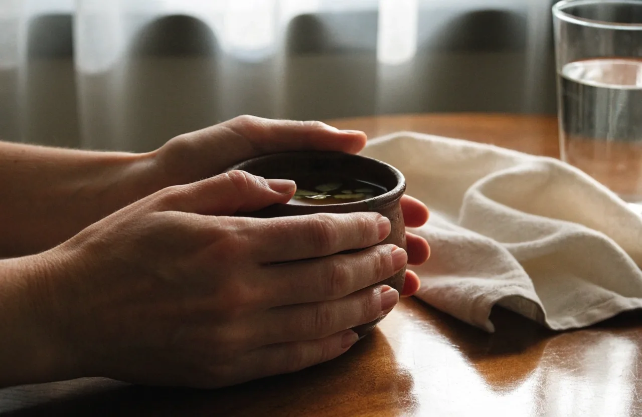 Herbal tea, water glass and folded towel on a wooden ledge at home