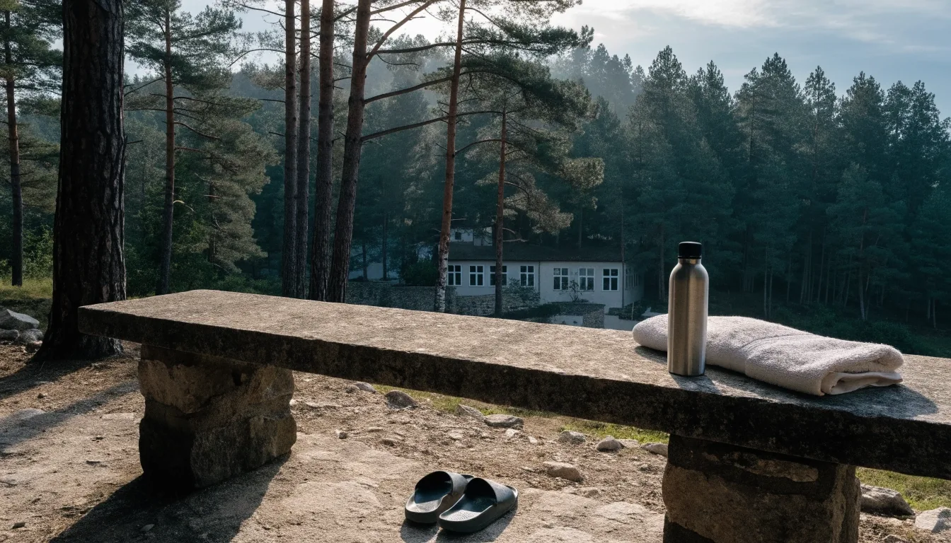 Walking shoes and a rolled exercise mat by a doorway in cool daylight